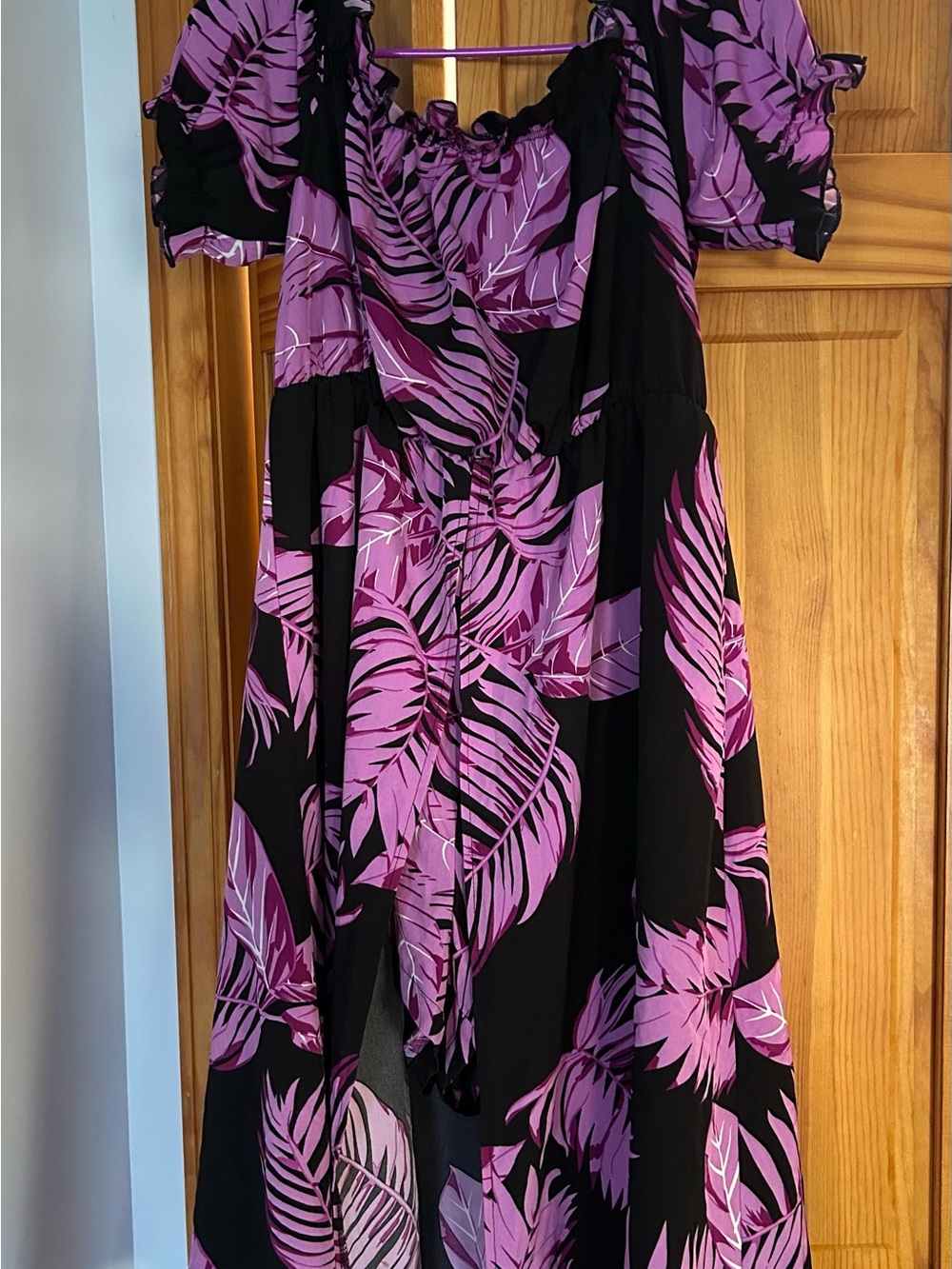 Black Maxi Dress with Purple Leaf Print